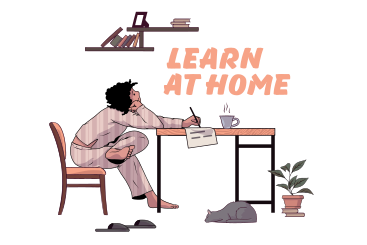 Learn at home text with a student doing homework at home PNG, SVG