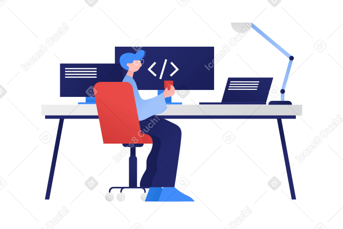 A person sitting at a desk in front of a computer PNG, SVG