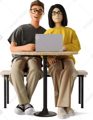 3D man and woman at table with laptop в PNG, SVG
