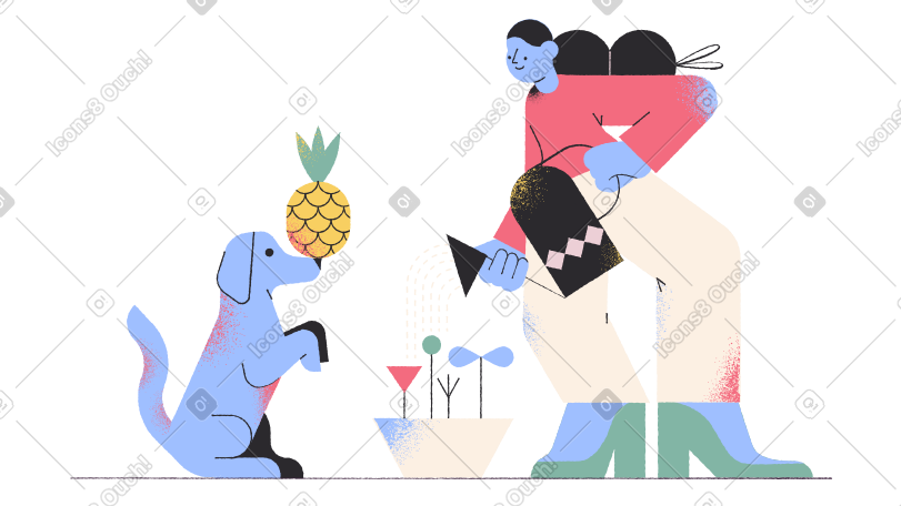 Woman watering plants and dog balancing a pineapple on its nose PNG, SVG