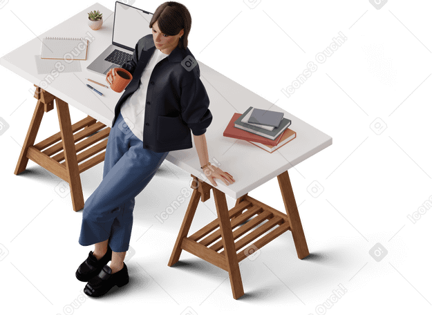 3D isometric view of young woman leaning on table PNG, SVG