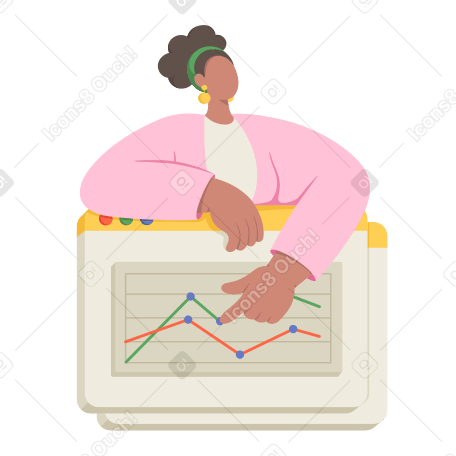 Illustration animée Femme présentant l'analyse de données avec un graphique linéaire aux formats GIF, Lottie (JSON) et AE