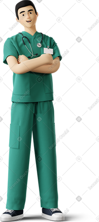 3D young doctor standing with crossed arms PNG, SVG