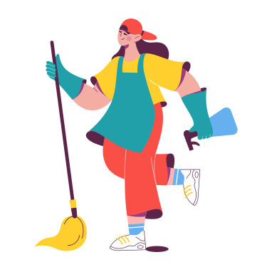 Woman with a broom in an apron and gloves does cleaning PNG, SVG