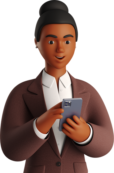 black businesswoman in brown suit looking at phone PNG, SVG
