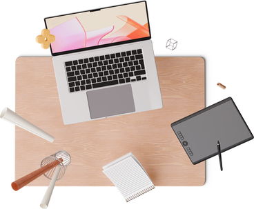 Top view of designer's desk with laptop, tablet and notebook PNG, SVG
