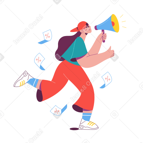 Woman shouting marketing slogans into a bullhorn Illustration in PNG, SVG