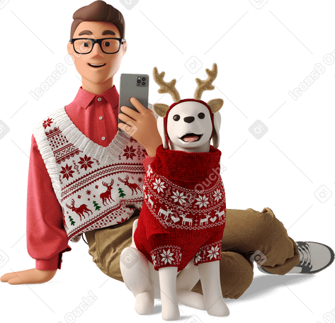 3D man and dog celebrating christmas PNG、SVG