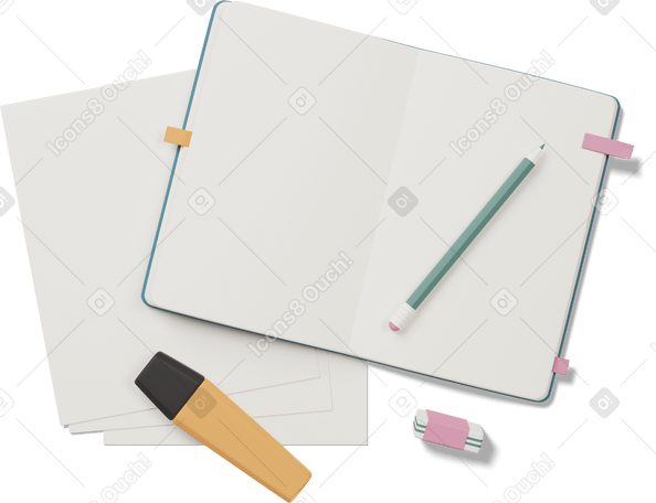 3D notebook with pencil, highlighter pen and papers PNG, SVG