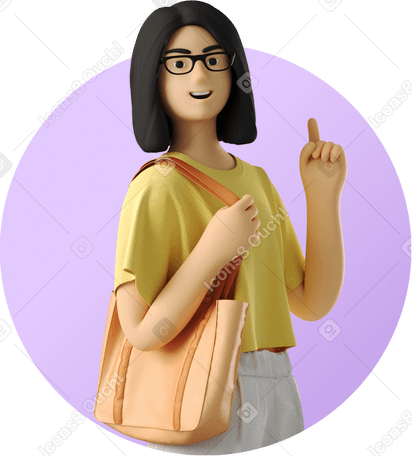 3D Mujer joven con bolsa apuntando hacia arriba. PNG, SVG