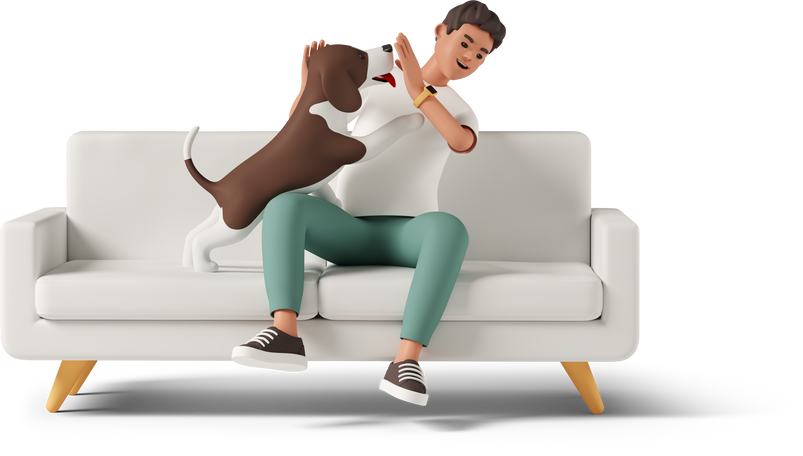 Man playing with dog on the couch Illustration in PNG, SVG