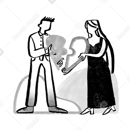 Black and white man and woman holding halves of the heart Illustration in PNG, SVG