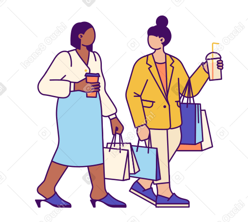 Women walking with takeaway drinks and shopping bags PNG, SVG