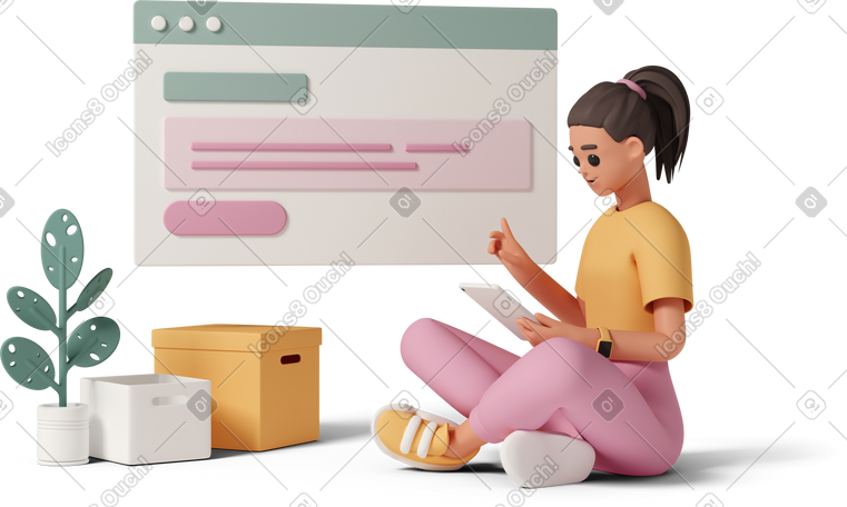 3D woman sitting crosslegged working on tablet PNG, SVG