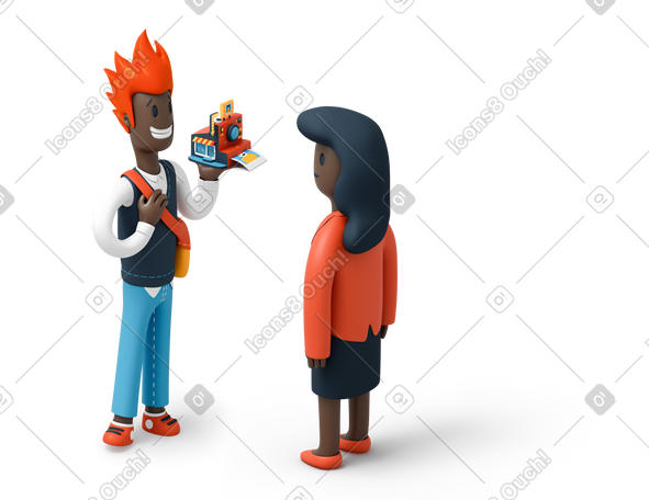 3D 男人向女人展示老式相机 PNG, SVG