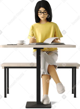 3D young woman working at a bar table в PNG, SVG