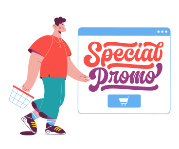 Man with shopping basket and Lettering Special Promo in browser screen text  PNG, SVG