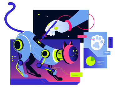 Human hand repairing a cat robot next to a cat paw diagram PNG, SVG