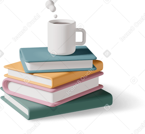 3D books and cup Illustration in PNG, SVG