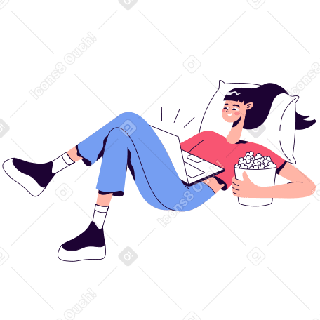 Woman relaxing on pillow with popcorn and laptop Illustration in PNG, SVG