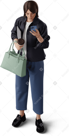 3D Изометрический вид молодой женщины, смотрящей на экран телефона в PNG, SVG