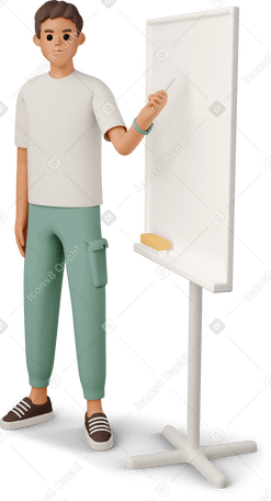 3D young man explaining lesson material standing next to whiteboard PNG, SVG