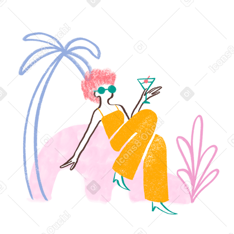 Woman relaxing with cocktail near tropical trees Illustration in PNG, SVG