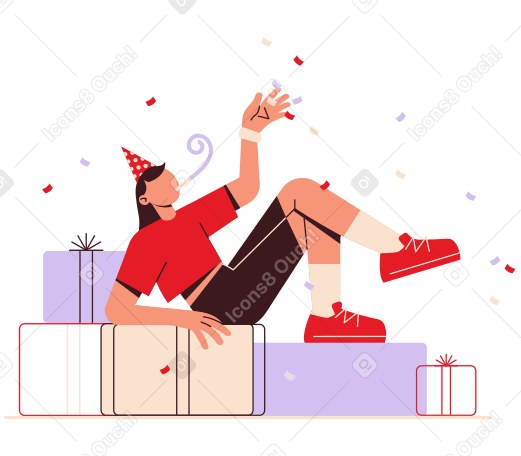 Girl with party hat lying on a bunch of presents and blowing party horn PNG, SVG