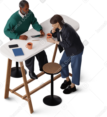 3D isometric view of man and young woman working at table with tablet PNG, SVG