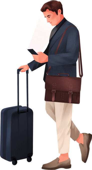 man with a suitcase is going somewhere, looking at his phone PNG, SVG
