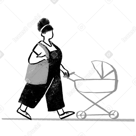 Black and white mother walking with a baby stroller PNG, SVG