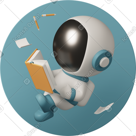 3D cute astronaut with book flies in outer space PNG, SVG