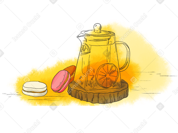 Стеклянный чайник и три миндальных печенья в PNG, SVG