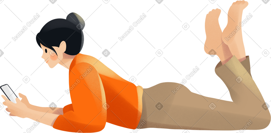 young woman lies with a phone in her hands PNG, SVG