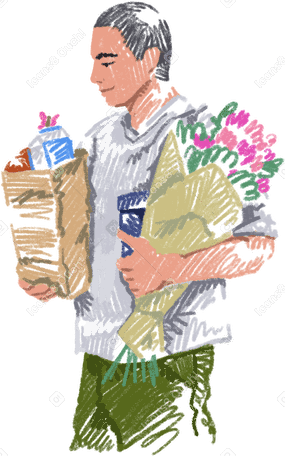 young man with groceries and flowers PNG、SVG