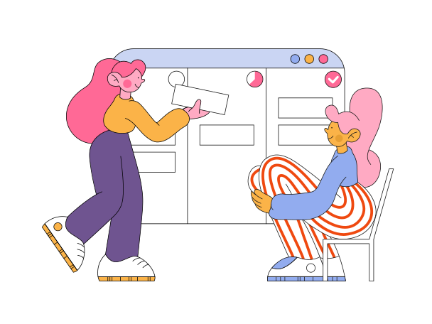 Girls place the cards on the Kanban board Illustration in PNG, SVG