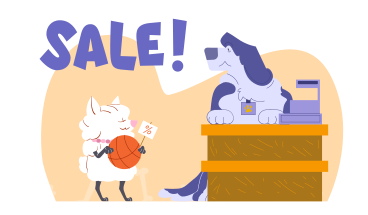 Sale text and dog buying a ball in the store PNG, SVG