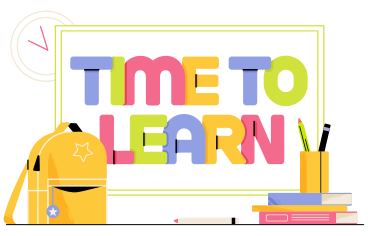 Schriftzug „time to learn“ an bord mit rucksack und bleistifttext PNG, SVG
