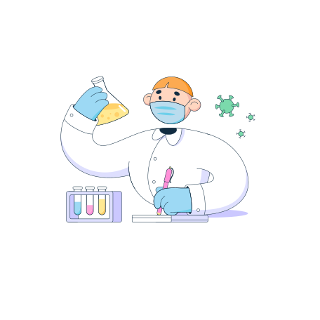 Scientist with a flask develops a vaccine and records the results Illustration in PNG, SVG