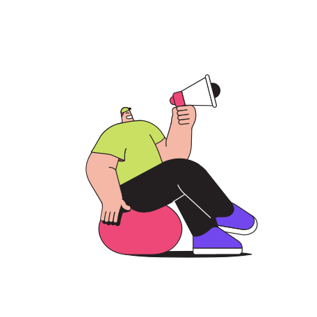 Man promoter sitting on exercise ball and shouting into megaphone Illustration in PNG, SVG