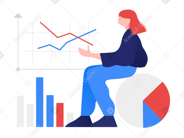 Женщина-финансовый аналитик, работающая со статистикой в PNG, SVG