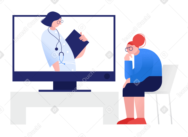 Old woman watching tv with advices from a doctor PNG, SVG