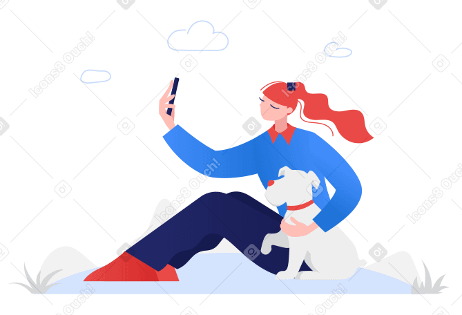 Woman with a dog in the park taking a photo PNG, SVG