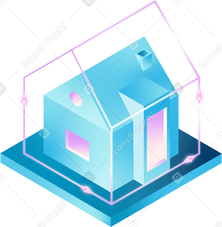 Изометрический дом с розовыми линиями и кристаллами в PNG, SVG