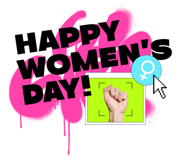 Text happy women's day mit weiblichem symbol, faust und rosa graffiti go girl PNG, SVG