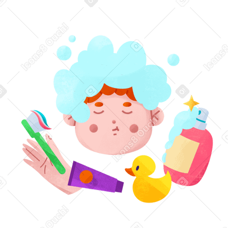 Boy washing with shampoo and brushing teeth with toothpaste in bathroom Illustration in PNG, SVG