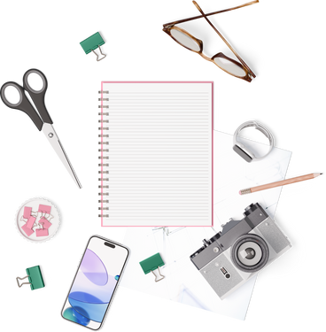 Top view of notebook, smartphone, camera, glasses, smartwatch and scissors PNG, SVG