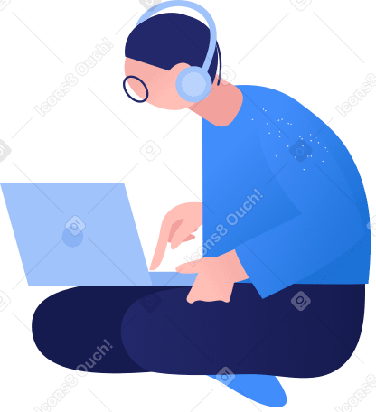 seated man wearing headphones using laptop Illustration in PNG, SVG