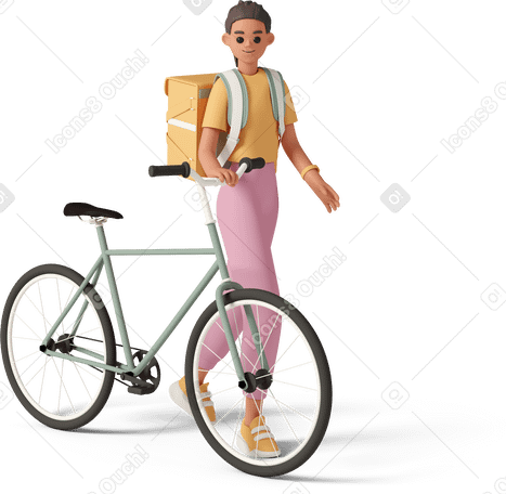 3D young woman walking with bicycle and thermobag PNG, SVG
