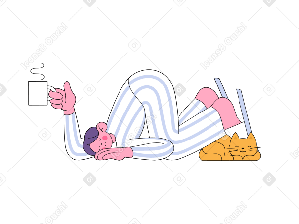Sleepy man in pyjamas with coffee mug tripped over cat Illustration in PNG, SVG
